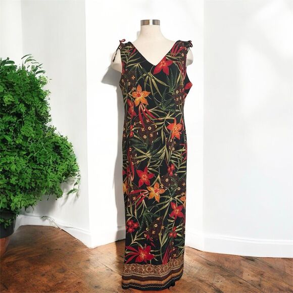 Vintage 90s R&K Black Colorful Floral Maxi Dress Tropical Shell Large - Picture 2 of 7